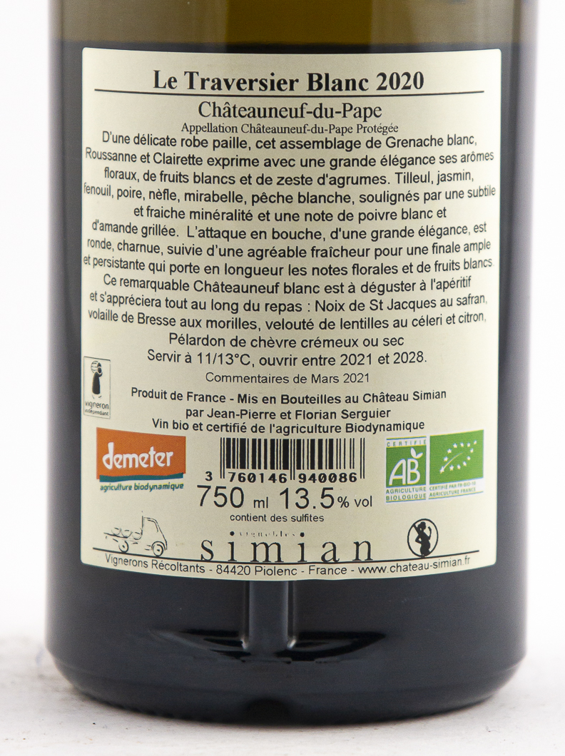 Châteauneuf du pape Simian Traversier BIO 2020 75 cl Blanc
