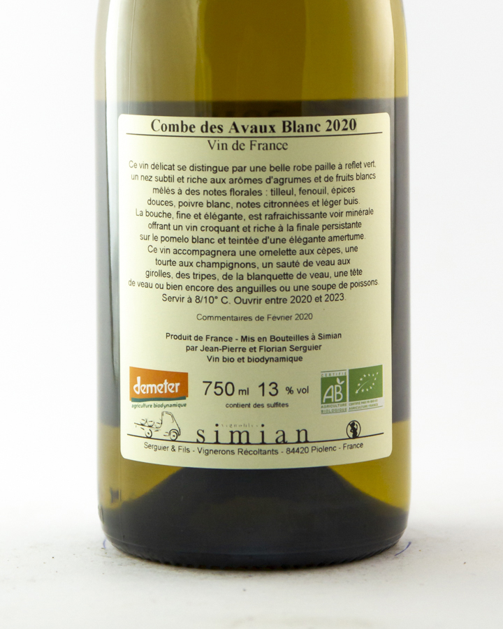 Vin de France Simian Combes des Avaux BIO 2020 75 cl Blanc